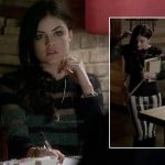 Aria’s black and white striped jeans with a sheer green striped sweater on Pretty Little Liars