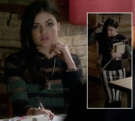 Aria's black and white striped jeans with a sheer green striped sweater on Pretty Little Liars