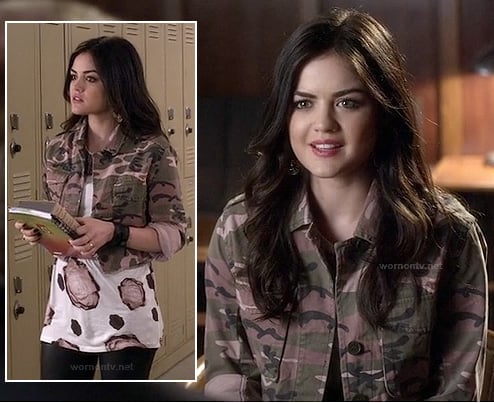 Aria’s army camouflage jacket and rose print mini dress/tee on Pretty Little Liars