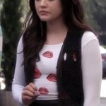 Aria’s white lips print top and beaded vest on Pretty Little Liars