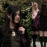 Aria’s black studded blazer and pink aztec print backpack on Pretty Little Liars