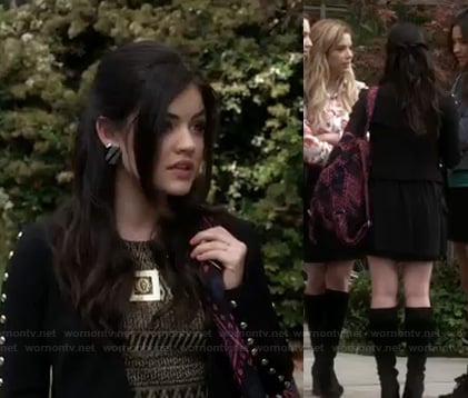 Aria’s black studded blazer and pink aztec print backpack on Pretty Little Liars