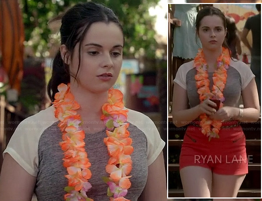 Bay's grey and white baseball tee and orange shorts on Switched at Birth
