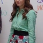 Betsey’s floral skirt with mint green shirt on The Mindy Project