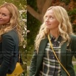 Chloe’s green plaid shirt and blazer with yellow crossbody bag on The Goodwin Games