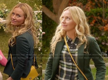 Chloe's green plaid shirt and blazer with yellow crossbody bag on The Goodwin Games