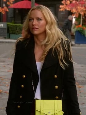 Chloe's military style coat and neon yellow purse on The Goodwin Games