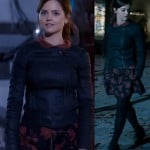 Clara’s red and black floral dress with asymmetric denim jacket on Doctor Who