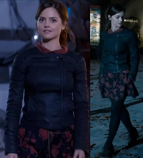 Clara's red and black floral dress with asymmetric denim jacket on Doctor Who