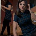 Clara’s blue plaid collared dress and burgundy wedges on Doctor Who
