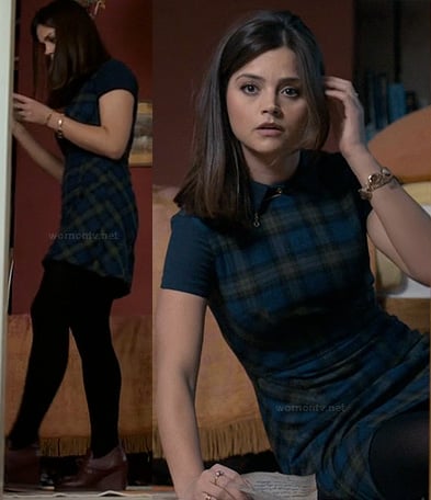 Clara's blue plaid collared dress and burgundy wedges on Doctor Who