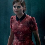 Clara’s red printed dress with black collar on Doctor Who
