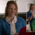 Daphne’s white pin dot shirt, green pencil skirt and blue cardigan on Switched at Birth