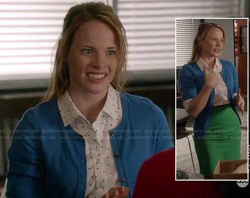 Daphne’s white pin dot shirt, green pencil skirt and blue cardigan on Switched at Birth