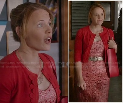 Daphne's coral eyelet dress and red scalloped cardigan on Switched at Birth