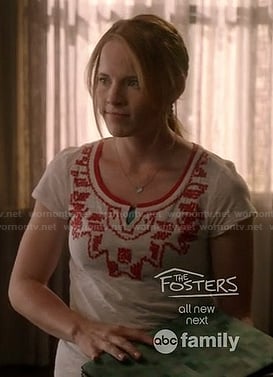 Daphne's white and red beaded tee on Switched at Birth