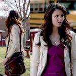 Elena’s white leather jacket and burgundy satchel on The Vampire Diaries