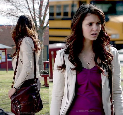 Elena's white leather jacket and burgundy satchel on The Vampire Diaries