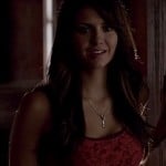 Elena’s red lace top and gold feather necklace on The Vampire Diaries