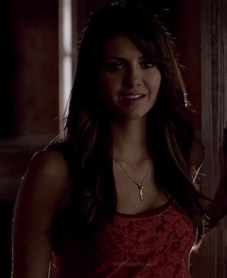 Elena's red lace top and gold feather necklace on The Vampire Diaries