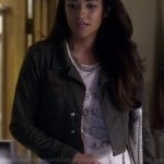 Emily’s cropped jacket and silver tote bag on Pretty Little Liars