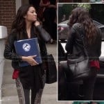 Emily’s black patterned jeans and bucket bag on Pretty Little Liars