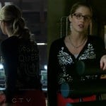 Felicity’s black sequin “Pearly Queen” cardigan on Arrow