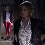 Hanna’s black leather jacket and red metallic leggings on Pretty Little Liars