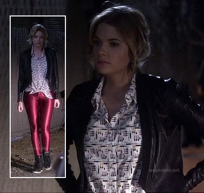 WornOnTV: Hanna's black leather jacket and red metallic leggings on Pretty  Little Liars, Ashley Benson