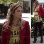 Hanna’s “Fashion” Newspaper print top and red blazer on Pretty Little Liars