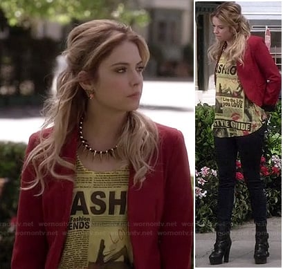 Hanna’s “Fashion” Newspaper print top and red blazer on Pretty Little Liars
