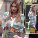 Hanna’s green striped shirt, neon orange necklace, printed skirt and yellow purse on Pretty Little Liars