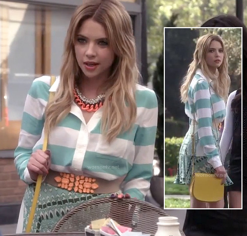 Hanna's black leather jacket and red metallic leggings on Pretty Little  Liars