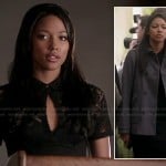 Lacey’s black lace keyhole dress and grey coat at the funeral on Twisted