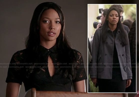 Lacey's black lace keyhole dress and grey coat at the funeral on Twisted