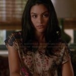 Lexi’s floral tie front top with crochet sleeves on The Fosters