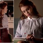 Lydia’s dog print shirt and burgundy leather skirt on Teen Wolf