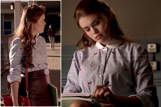 Lydia’s dog print shirt and burgundy leather skirt on Teen Wolf
