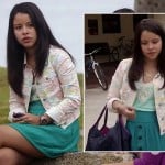 Mariana’s floral denim jacket and teal button front skirt on The Fosters