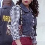 Mona’s black gingham check tie front shirt with denim vest on Pretty Little Liars