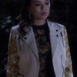 Mona’s white moto jacket with floral sleeves on Pretty Little Liars