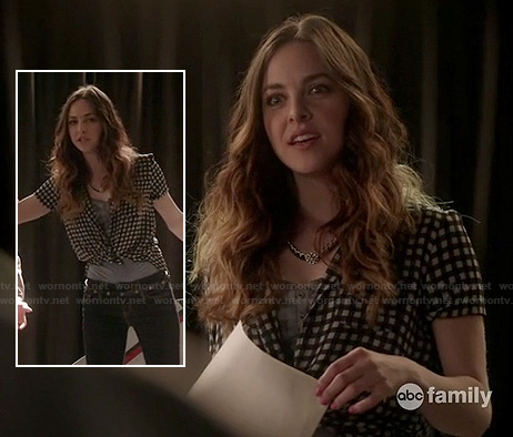 Phoebe's black and white checked tie front shirt on Twisted