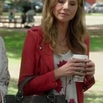 Polly’s red leather jacket and grey purse on How to Live with Your Parents