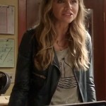 Polly’s grey sail boat tee and black leather jacket on How To Live With Your Parents