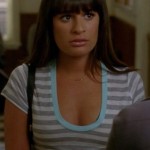 Rachel’s grey striped tee with blue trim and tiny arrow necklace on Glee