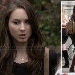 Spencer’s black mesh panel dress and tan studded backpack on Pretty Little Liars