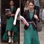 Spencer’s green maxi dipped hem / hi-low dress with white combat boots and a black blazer on Pretty Little Liars