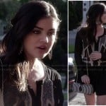 Aria’s geometric shape glittery blouse and striped cylinder purse on Pretty Little Liars