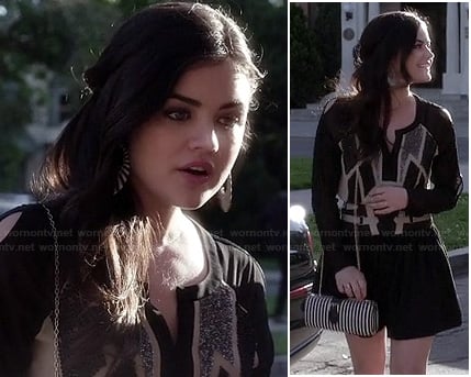 Aria’s geometric shape glittery blouse and striped cylinder purse on Pretty Little Liars