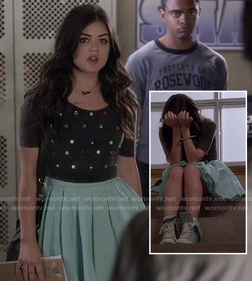 Aria's black jewel studded top and mint green pleated skirt and studded high tops on Pretty Little Liars